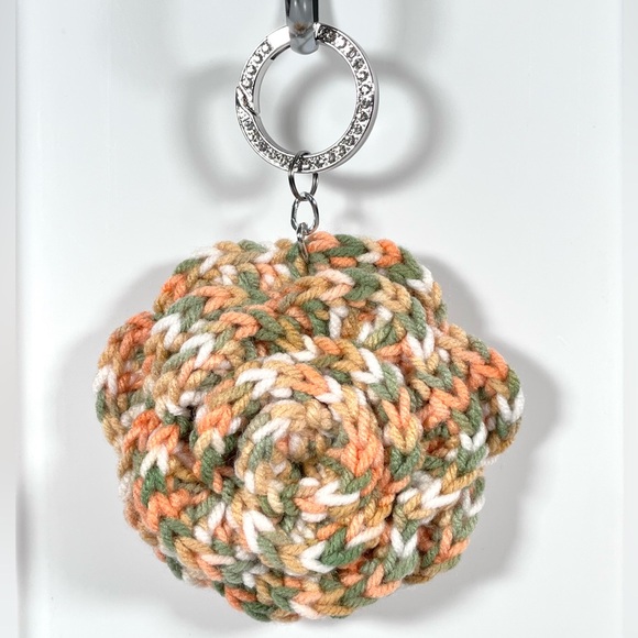Hand Crafted Accessories - Peach Crochet Flower Bag Charm W/Silver Bling Ring